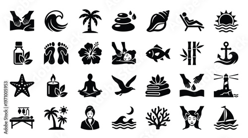 Collection of spa and wellness icons representing relaxation massage therapy and natural elements for health and beauty