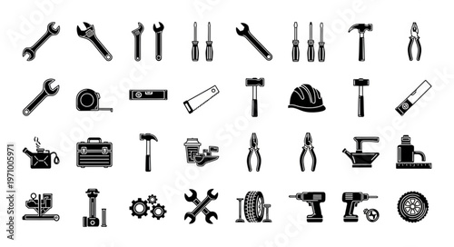 Collection of Tools and Equipment Icons for Construction and Repair.