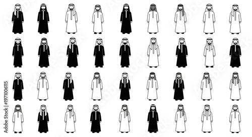 Collection of traditional Arab clothing in black and white.