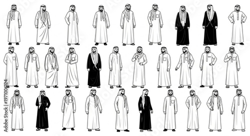 Collection of traditional Arab men in various poses and attire.