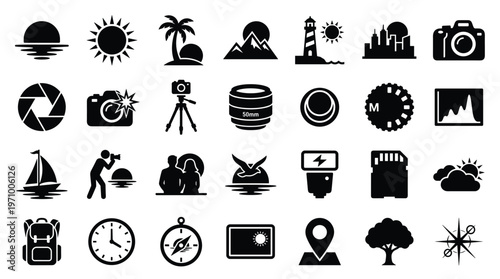 Collection of Travel and Photography Icons representing vacation, adventure, and creative pursuits with diverse symbols for outdoor activities and exploration