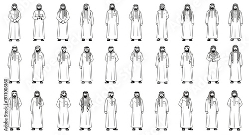 Collection of traditional Arab men in various poses and attire.