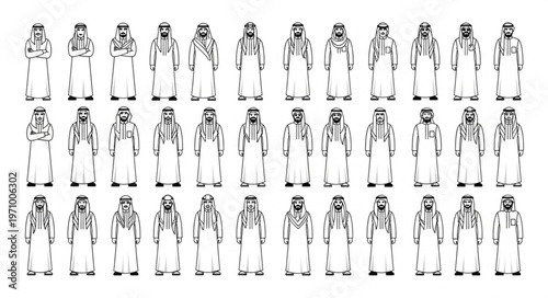 Collection of traditional Arab mens clothing in various poses and styles.
