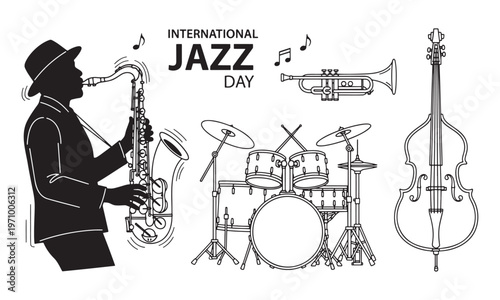 International Jazz Day illustration set, saxophone player silhouette with musical instruments line art, jazz band equipment vector isolated on white.