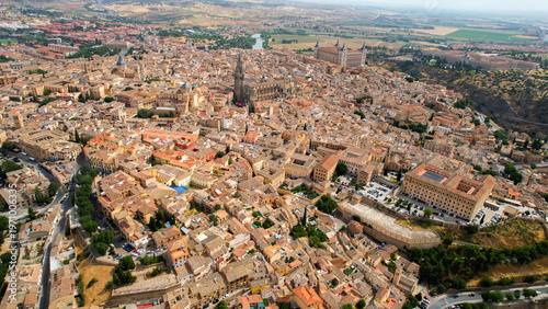 Aerial panorama view of the old town and city  Toledo in Spain on a sunny  summer morning