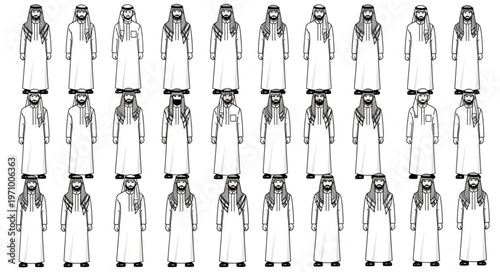 Collection of traditional Arab mens clothing in various styles and poses.