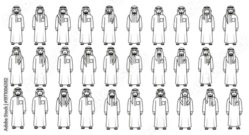 Collection of traditional Arab mens clothing in various styles and poses.