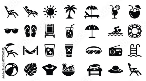 Collection of summer vacation icons representing relaxation beach travel and outdoor activities