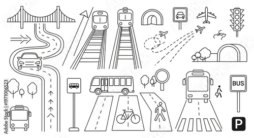 Collection of Transportation and City Elements Hand-Drawn Style.