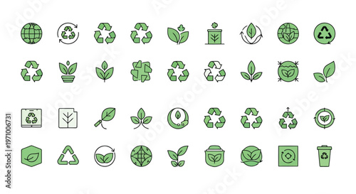 Collection of icons representing various eco-friendly and sustainability themes