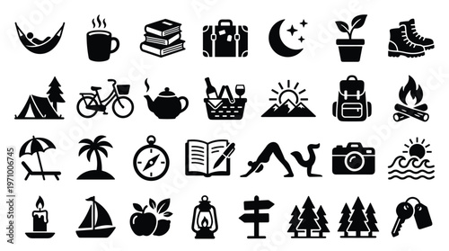 Collection of outdoor adventure and leisure icons representing travel camping and relaxation activities