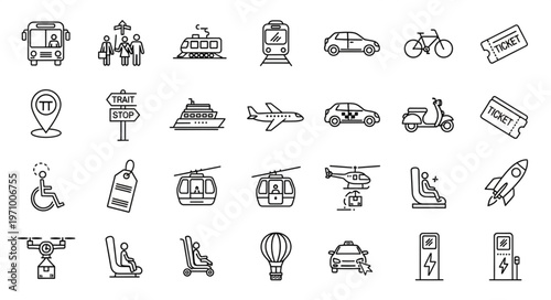 Collection of Transportation and Travel Icons.