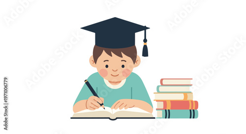 This vector illustration features a young boy in a graduation cap writing in an open book next to a tall stack of colorful textbooks.