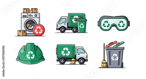 Illustrations of various recycling and waste management icons and vehicles
