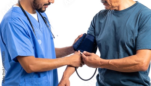 A medical professional in scrubs checks an older patient?s blood pressure with an arm cuff and stethoscope. The scene takes place against a white backdrop