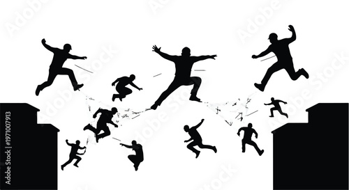 silhouette of people jumping over obstacles teamwork concept