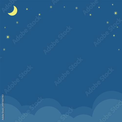 メルヘンな夜空の月と星と雲が浮かぶ藍色のフレーム真四角背景