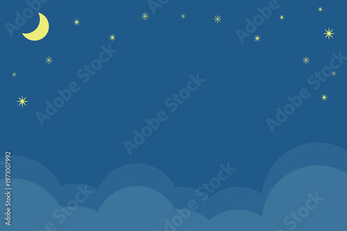 メルヘンな夜空の月と星と雲が浮かぶ藍色のフレーム横デザイン背景