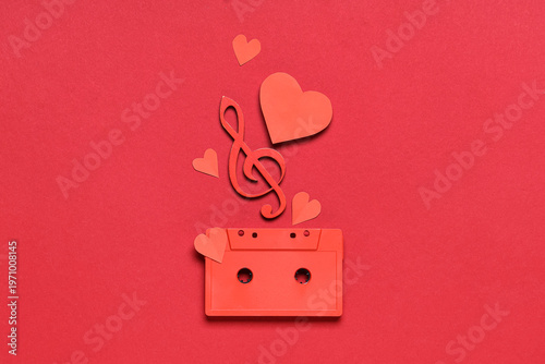 Audio cassette with treble clef and paper hearts on red background
