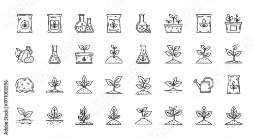 A collection of laboratory glassware and botanical icons in a scientific illustration style