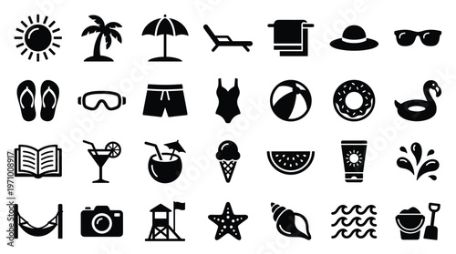 Summer Vacation Icons Set Beach Holiday Objects Symbols for Travel and Leisure Activities