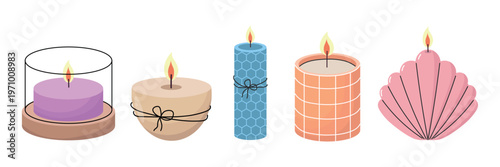 Set of colorful decorative candles in modern flat style featuring various shapes geometric patterns and soft pastel tones