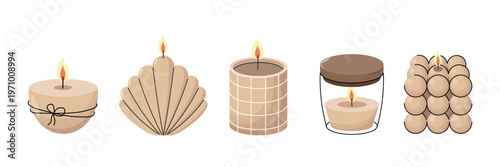 Candle collection illustration with different shapes and styles in soft neutral colors. Modern decorative candles for interior and spa design