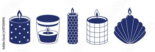 Decorative candle collection with modern shapes and patterned surfaces minimal line style illustration for home decor spa relaxation and cozy ambiance themes