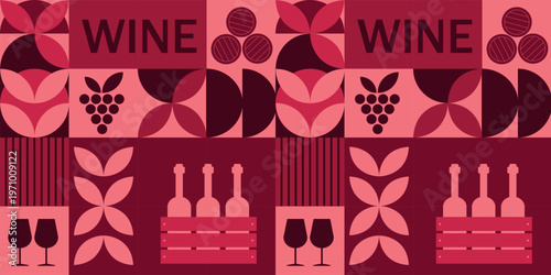 Seamless wine pattern with grapes bottles glasses and geometric shapes modern design ideal for packaging branding textiles and winery themed backgrounds