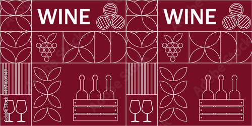 Seamless red wine pattern with bottles glasses grapes and geometric shapes in minimal line style modern design ideal for packaging branding wine menus and backgrounds