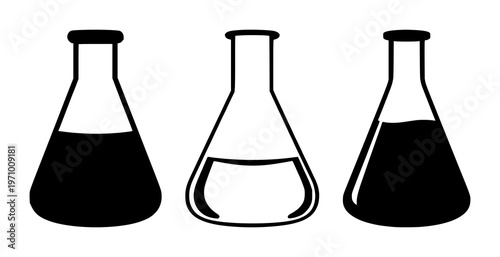 Laboratory flask icon set with solid black color featuring glassware, equipment, medical with science and chemical elements