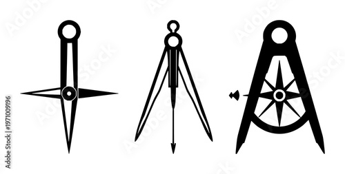 Mathematical compass icon set with solid black illustration against white background featuring compass, geometry, angle with vector and illustration