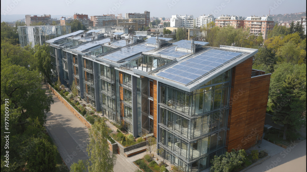 Fototapeta premium Modern Sustainable Urban Apartment Building Featuring Large Solar Panel Arrays on Sloped Roofs and Eco-Friendly Glass and Wood Architecture Surrounded by Green Trees in a Contemporary City District