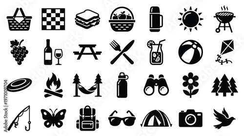 Collection of picnic and outdoor activity icons representing summer leisure and recreation