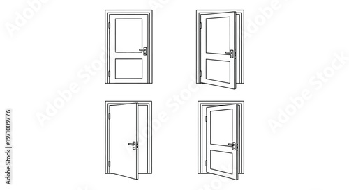 Vector illustration of various door designs and opening mechanisms in a graphic format