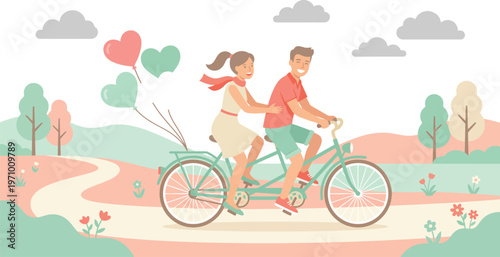 Joyful young romantic couple riding a tandem bicycle together with cute heart shaped balloons celebrating their sweet love and true affection on a fun adventure.