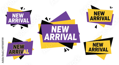 New arrival banners in purple, yellow, and black colors for advertising and marketing purposes effectively