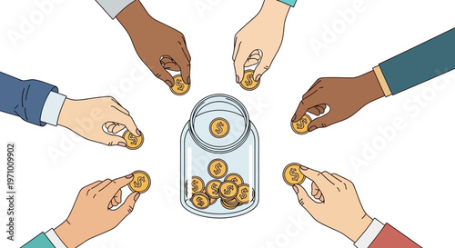 Hands putting coins into jar.