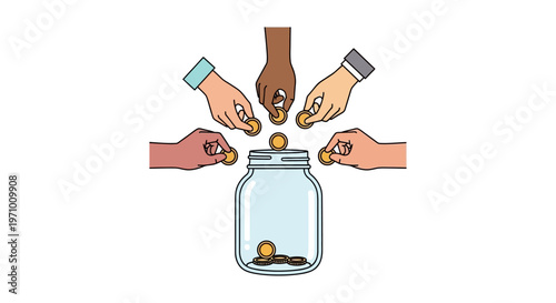 Hands putting coins into jar.