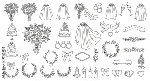Collection of various floral and decorative design elements in black and white.