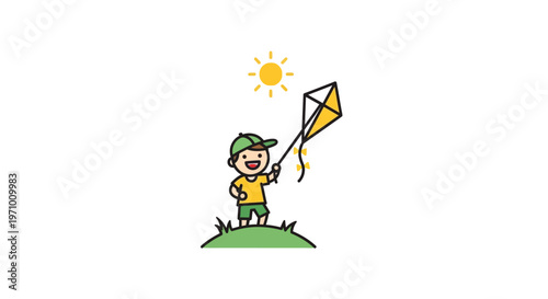 Happy child flying a yellow kite.