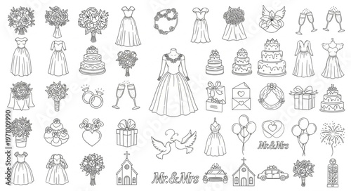 Collection of various floral bouquets and wedding dresses illustrations.