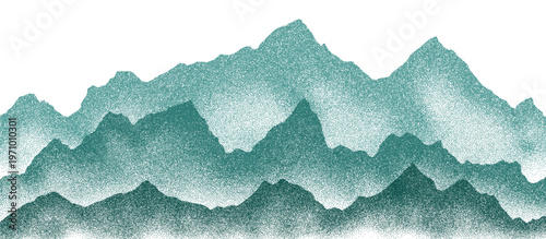 Mountain ridge silhouette with geometric dot pattern and gradient sunrise vector illustration creating abstract panoramic landscape background for artistic design projects and creative templates.