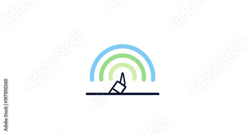 Hand under colorful rainbow arc symbol.