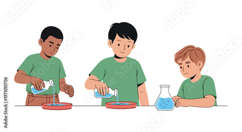 Three diverse young boys are engaged in a science activity, pouring liquid into shallow dishes and observing a flask on a table.