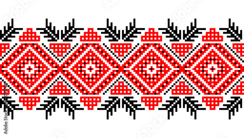 Vyshivanka. National traditional inwrought embroidery texture with black and red colours. Detailed horizontal seamless ornamental pattern. Textile print abstract background. Vector illustration
