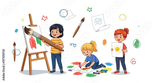 Three creative kids are having fun painting and drawing with various art tools like brushes and crayons in a bright, playful setting.