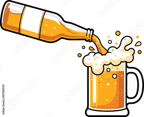 Bilde på lerret A bottle pouring beer into a mug with foam isolated on white background