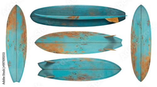 Sticker Collection of various vintage distressed wooden surfboards in blue, aged and textured