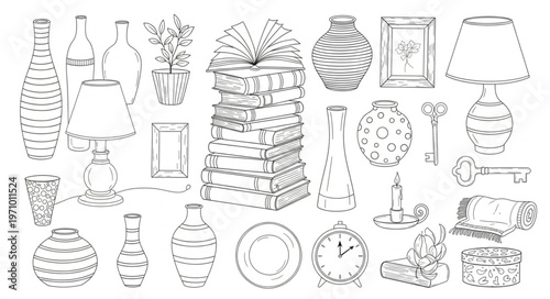 Collection of various decorative items and objects in sketch style.